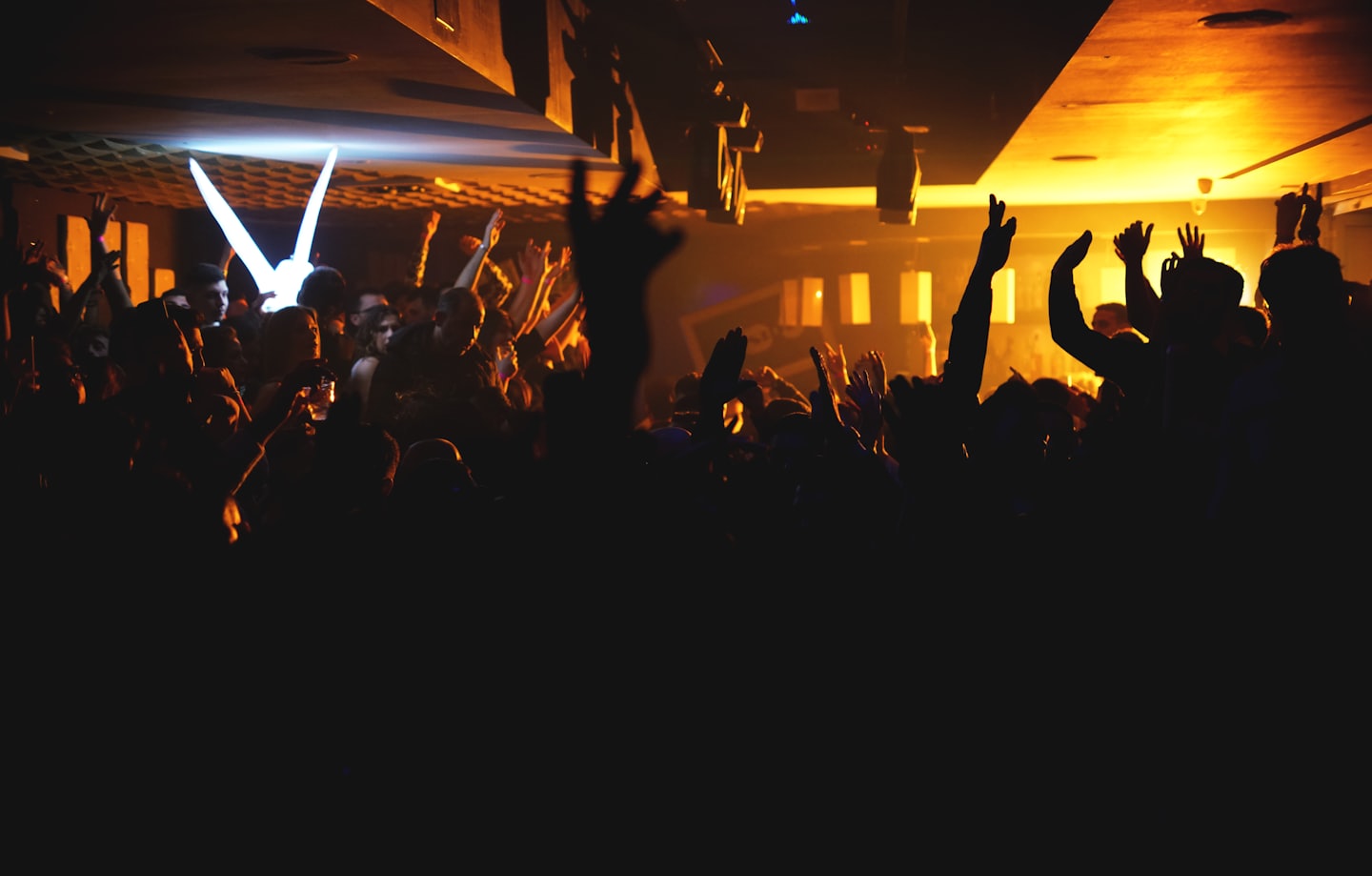 Crowd with hands raised celebrating at an indoor concert.